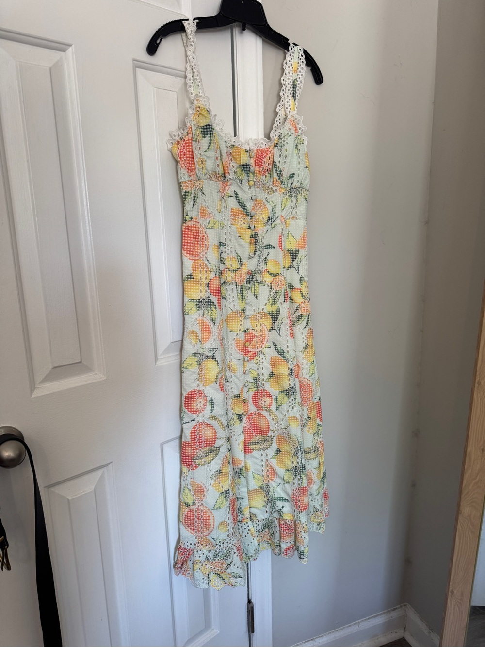 Sunny Lemon and Orange Print Eyelet sleeveless lined Midi Dress - Picture 2 of 14